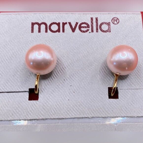 Marvella Earrings Pink Pearl Gold Tone Clip On Huggies - Picture 1 of 1